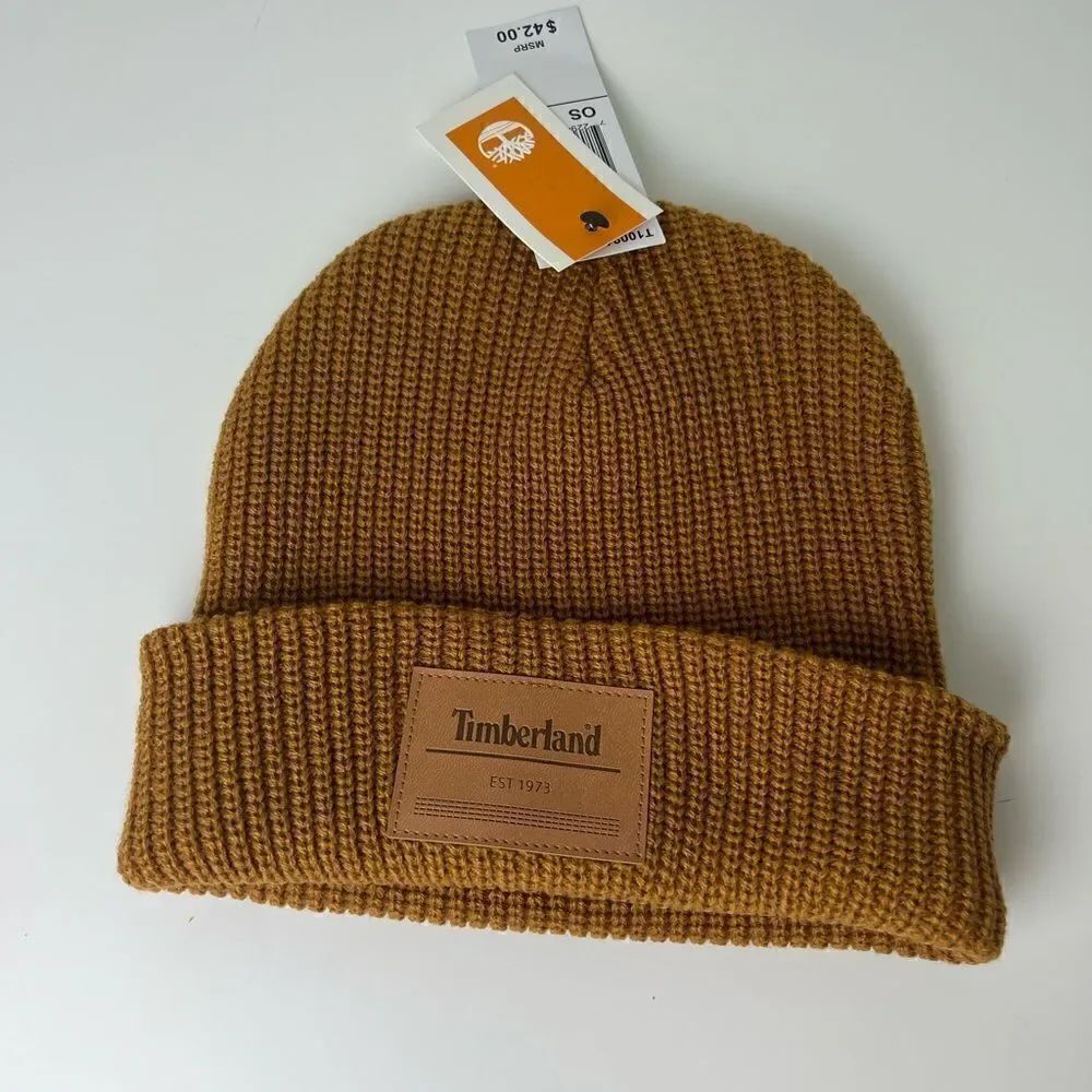 TIMBERLAND Est. 1973 KNIT BEANIE WINTER HAT Wheat Brown with Leather Patch NWT!